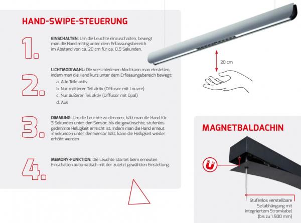 RIVO LED 45W UGR19 Pendelleuchte 4000K CRI92 120x5,5x8,3cm Hand-Swipe-Steuerung DIM 3.200lm